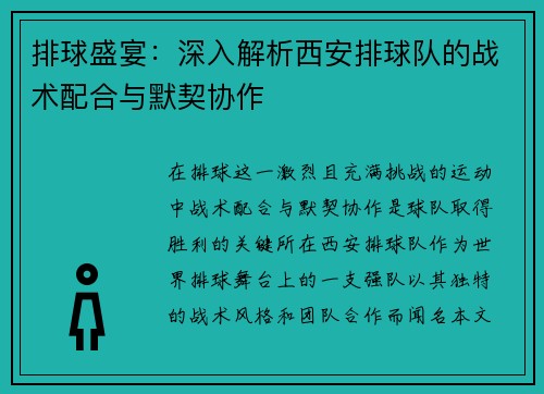 排球盛宴：深入解析西安排球队的战术配合与默契协作