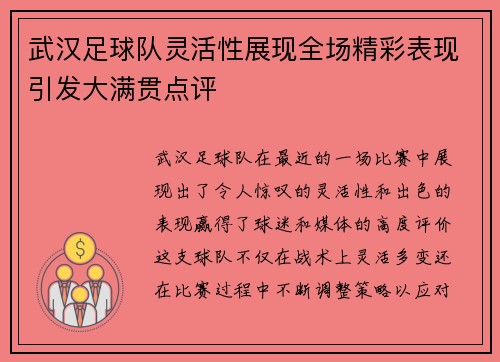 武汉足球队灵活性展现全场精彩表现引发大满贯点评