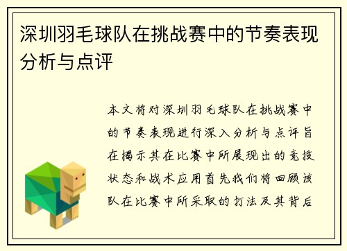 深圳羽毛球队在挑战赛中的节奏表现分析与点评